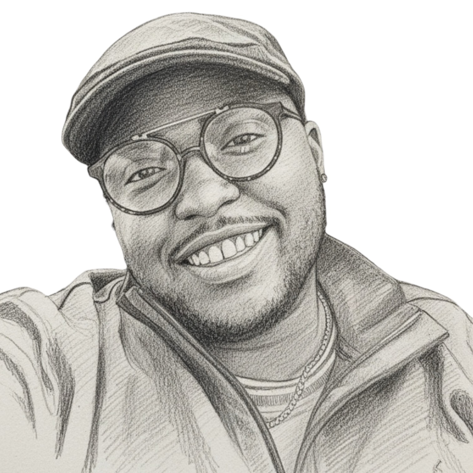 Sketched portrait of Gabriel Lockett smiling in glasses and a cap.