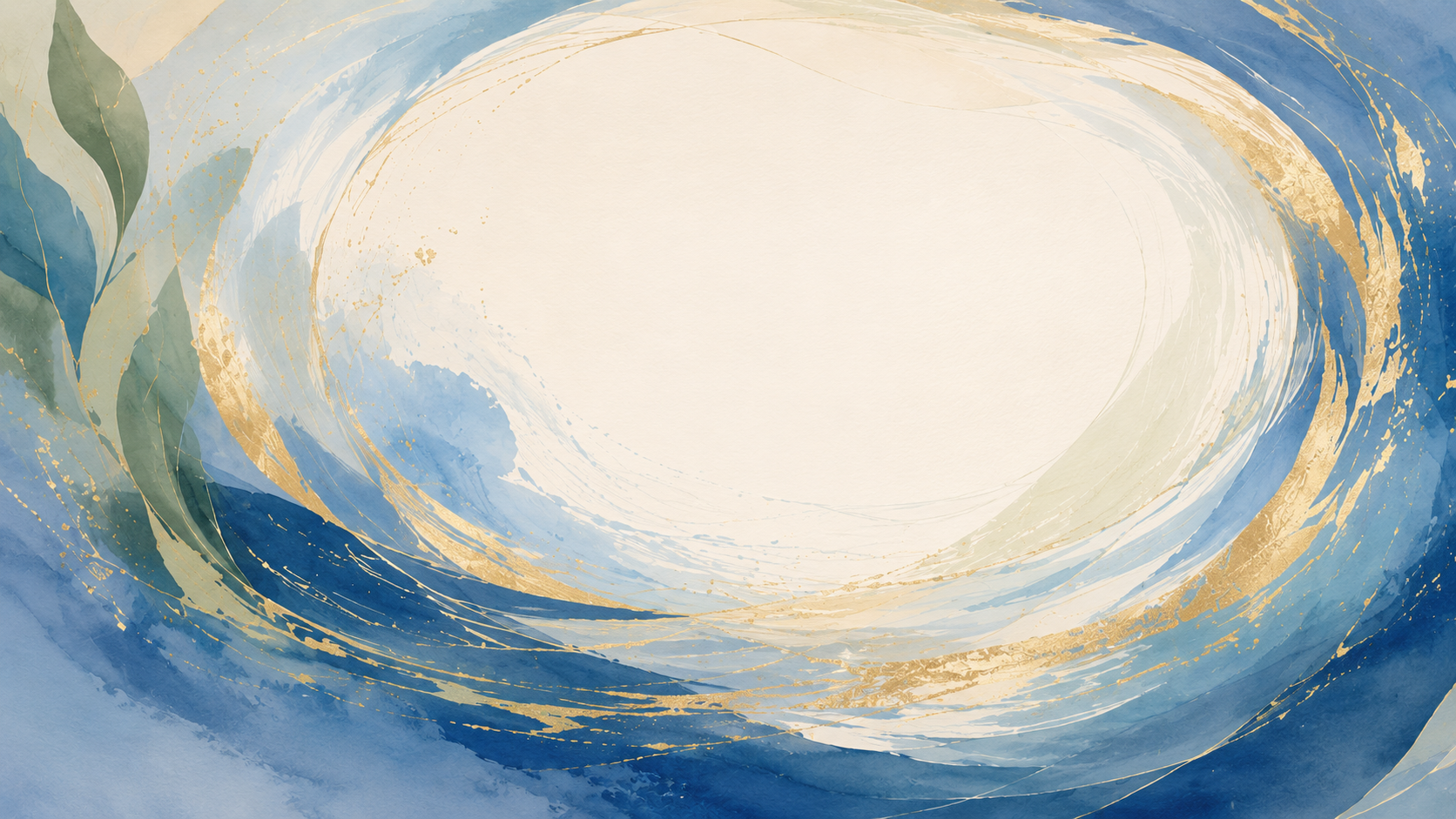 Abstract blue, sage, tan, and gold watercolor hero background with flowing spiral movement.